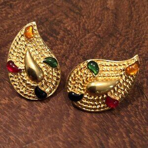 Teardrop Earrings Gold Tone with Colored Cabochons